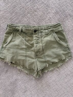 Free People Olive Green High-Waist Frayed Hem Shorts